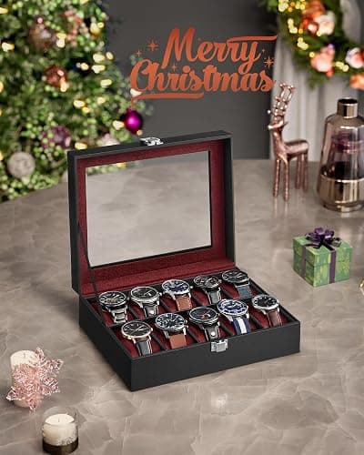 SONGMICS Watch Box, 10-Slot Watch Case Organizer with Large Glass Lid, Removable Pillows, Christmas Gift, Black Synthetic Leather, Wine Red Lining UJWB010R01 thumbnail 2