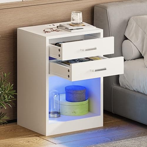 ADORNEVE LED Nightstands Set of 2,Night Stands for Bedrooms Set of 2,Nightstand with Charging Station and LED Lights,White Bedside Table with Power Outlets & Drawers,Modern End Side Table - White thumbnail 5