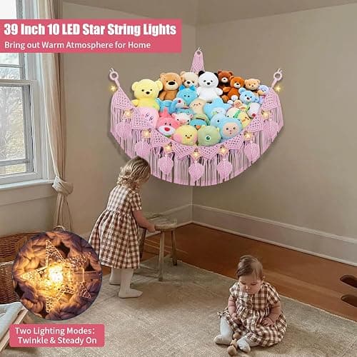 Stuffed Animal Storage Hammock Corner, 56'' Large Stuffed Animal Net Organizer for Teddy Plush Nursery Decor, Boho Macrame Leaf Toy Holder, Light Pink Toy Net w/ LED Star Light for Kid Girl Gift thumbnail 2