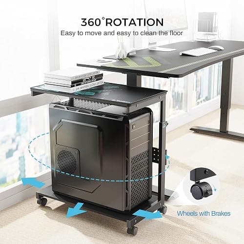 EUREKA ERGONOMIC PC Stand Computer Cart, Height Adjustable Tower Stand 2-Tier Suit for ATX Case Printer, Metal Rolling Cart on Wheels for Gaming Home Office, Black thumbnail 9