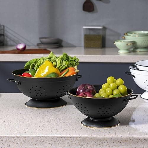 Metal Colander Set of 2, Strainer Basket with Handles perfect for Spaghetti, Pasta, Berry, Vegetable, Fruit, Solid Base Powder Coated Self-draining Kitchen Colander Bowel, 3.5 & 5 Qt, Matte Black thumbnail 7