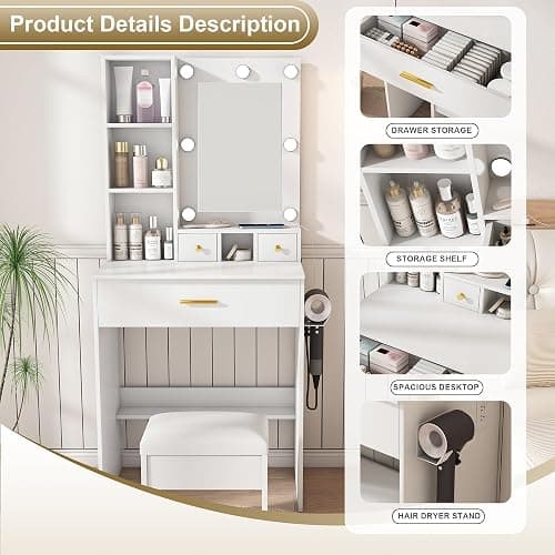 Small Vanity Desk with Mirror and Lights, Makeup Vanity Table with Power Outlet & Drawers & Shelves & Stool, Dressing Table Set for Bedroom, Adjustable Bulb Brightness Mini Vanity Set thumbnail 3