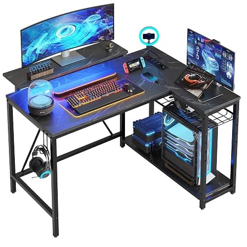 Bestier Small Gaming Desk with Power Outlets,42 L Shaped LED Computer Desk with Monitor Stand Reversible Storage Shelves,Corner Gamer Desk with Headset Hooks USB Port,Black Marble - Image 1