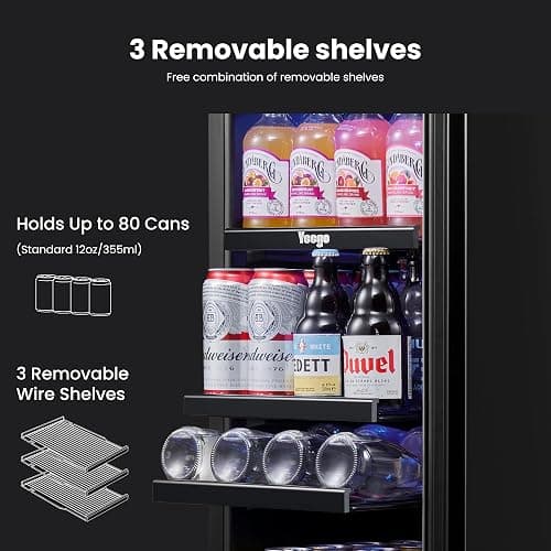 Yeego 15 Inch Beverage Refrigerator – 80 Can Mini Fridge with Glass Door, Built-In or Freestanding Cooler for Home Bar Office thumbnail 5