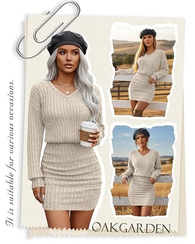 Oakgarden Women's Pullover Sweater Dress Long Lantern Sleeve Ribbed Knit V Neck Ruched Bodycon Mini Dress 2025 Fashion thumbnail 2