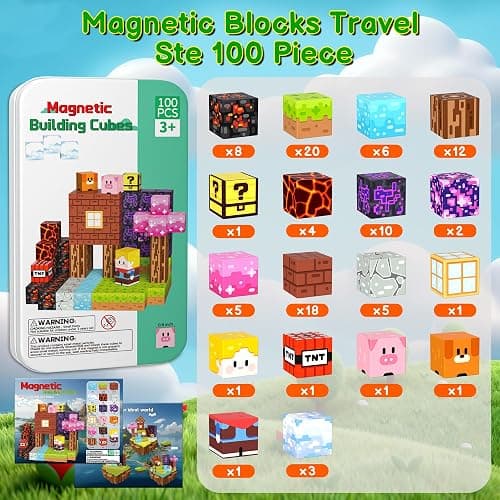 iLacven Magnetic Blocks Travel Magnetic Building Blocks Cubes - 100 PCS Tin Box Magnet Toys Set STEM Educational Stacking for Kids Ages 3 4 5 6 7 8 9 10 11 12 Year Old Boys Girls Birthday Christmas thumbnail 8