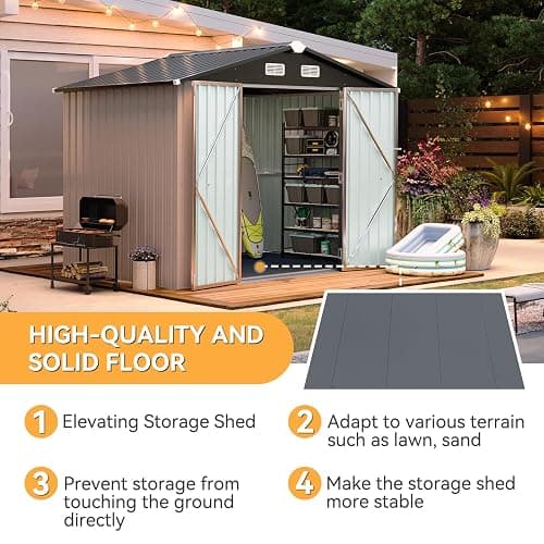 Aoxun 7.4x5.3FT Shed with Floor Galvanized Steel Outdoor Storage Shed Metal Garden Shed with Double Doors, 15mm Moisture-Proof Floor & Ventilation, Sloped Roof for Bike/Generator/Tool Storage (Brown) thumbnail 3