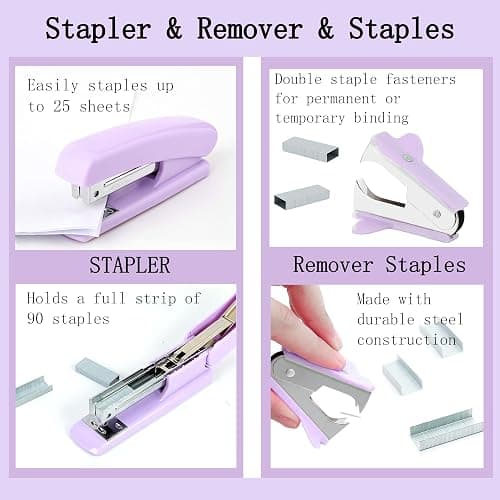 Purple Office Desk Accessories Supplies, 12pcs Desk Organizers and Accessories with Tape dispenser and Stapler,Staples,Staple Remover,Pen Holder,Scissor,Ruler,Sticky Tabs,Tape,Ballpoint Pen,Clips Set thumbnail 4