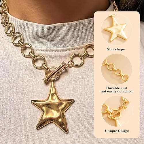 JAVARNV Star Necklace Chunky Gold Statement Necklaces Punk Star Pendant Gold Chain Necklaces for Women Trendy Christmas Jewelry for Dress Sweaters Shirts Stocking Stuffers Gifts for Women thumbnail 4