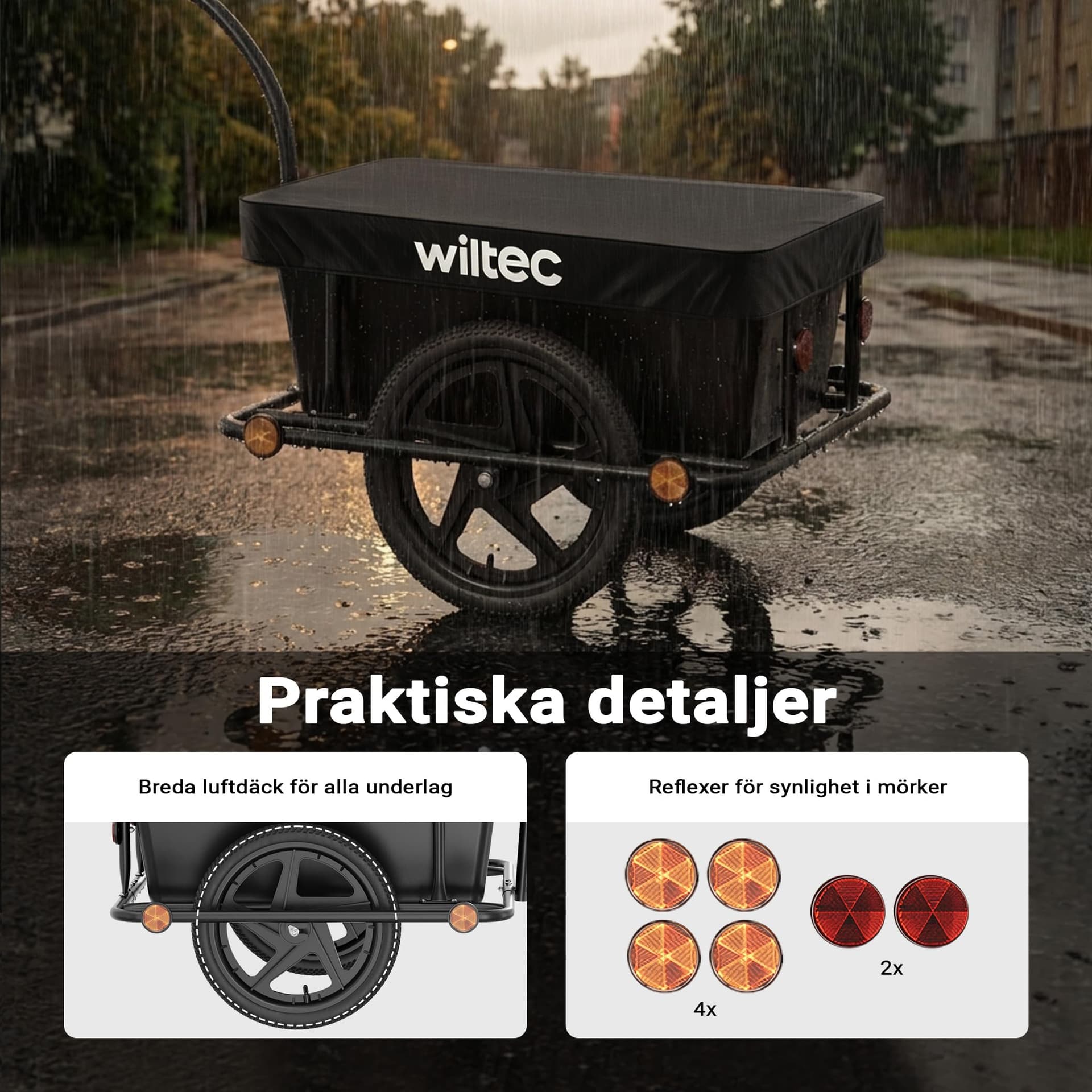 Wiltec Bicycle Trailer 158 x 69 x 51 cm up to 80 kg, Bicycle Trailer with 90 L Plastic Backing, Clutch and Pneumatic Tires, Hand Trolley Trailer for Bike thumbnail 5