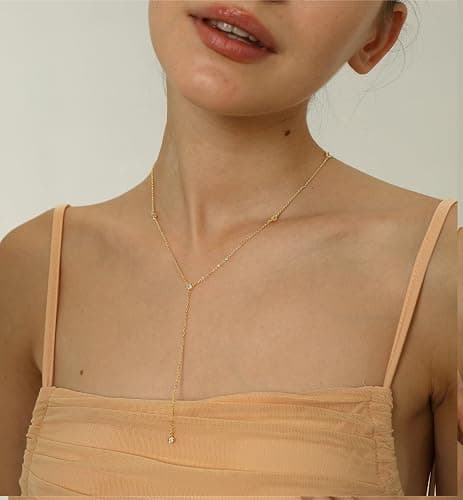 LuckFairy Lariat Necklace for Women，Dainty Gold Long Necklaces 14k Gold Plated CZ Lips Bead Y-Shaped Drop Chain Necklace Simple Gold Layered Necklaces for Women Trendy Gold Jewelry Gifts for Women thumbnail 6