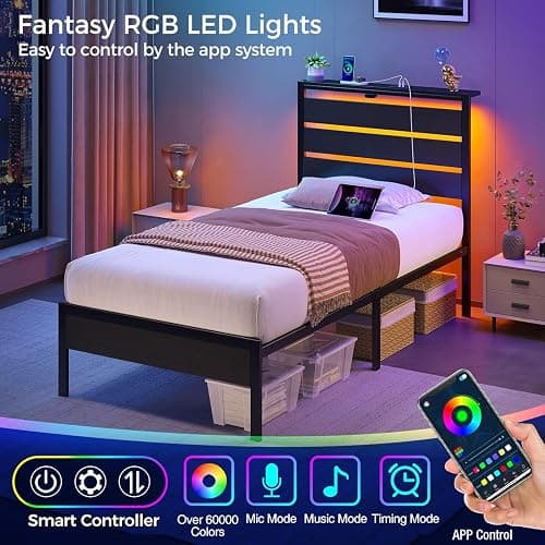 Rolanstar Bed Frame Twin Size with USB Charging Station, LED Bed Frame with Wood Storage Headboard, Black Metal Platform Bed with Under Bed Storage, No Box Spring Needed, Noise Free thumbnail 3