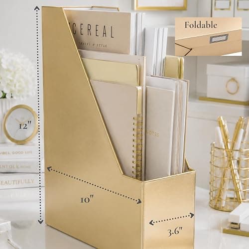 BLU MONACO | Gold Cardboard Magazine File Holder Set of 4 | Vertical Magazine File Holder for Shelves | Standing File Holder Desk Organizer thumbnail 7