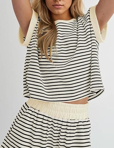 MISSACTIVER 2 Piece Lounge Set Women Stripe Knit Short Sleeve Tee Shirts Shorts Casual Summer Loungewear Shorts Sets thumbnail 4