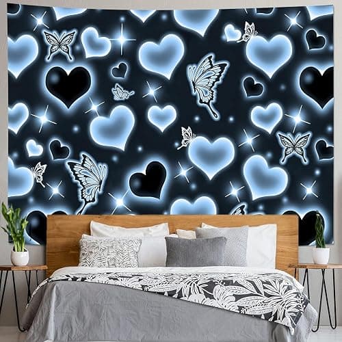 MEETSIOY Cute Black Blue Heart Tapestry Fantasy Blue Butterfly Aesthetic Tapestry Hippie 2000s Y2K Teen Girls Tapestries Wall Hanging for Women Nursery Bedroom Living Room Bedroom College Dorm thumbnail 3