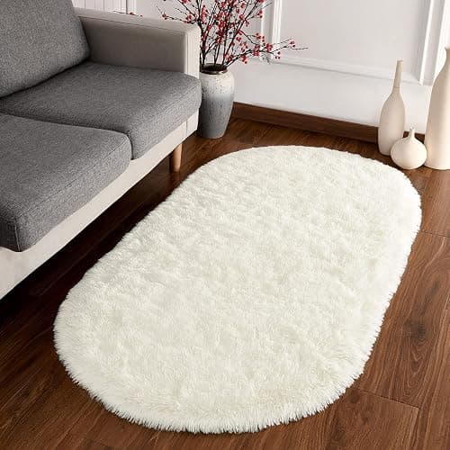 Softlife Fluffy Rugs for Bedroom, Shag Cute Area Rug for Girls/Boys and Kids Baby Room Home Decor, 2.6 x 5.3 Feet Oval Indoor Carpet for Nursery Dorm Living Room, Creamy thumbnail 3