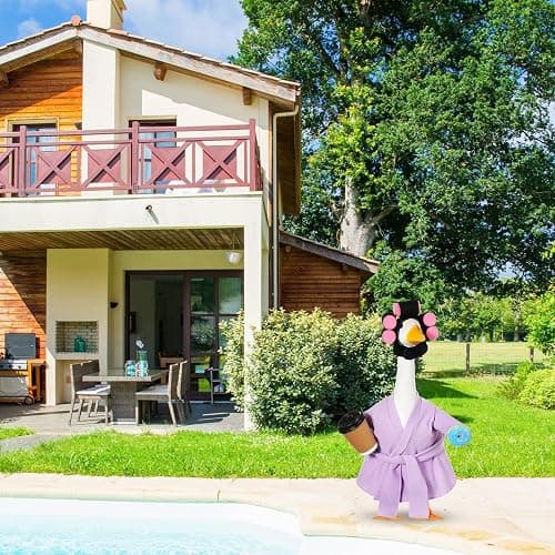 Shyyween 23 Inch Porch Goose Summer Outfit Light Purple Goose Bathrobe Statue Clothes Coffee Cup Curlers for Cement Plastic Lawn Geese Outdoor Garden Yard Patio Decoration thumbnail 2
