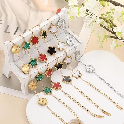 TICVSS Four Leaf Clover Bracelet for Women 18K Gold Plated Stainless Steel Lucky 4 Leaf Gold Link Bracelet Jewelry Gift for Women thumbnail 7