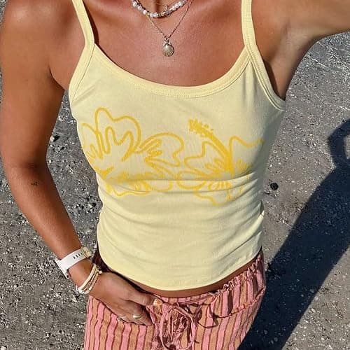 TUWIXIUW Women Y2K Hibicus Graphic Tank Tops Fitted Crop Top Spaghetti Straps Tropical Hawaii Print Vacation Cami Shirt thumbnail 3