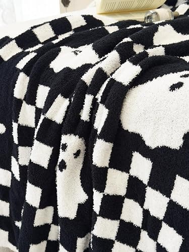 Ultra Soft Cozy Checkered Ghost Halloween Knitted Throw Blanket Fluffy Microfiber Checkerboard Bed Blanket Lightweight Both Sides Throw Blanket for Couch Sofa Bed 50"X60"Black¡­ thumbnail 6