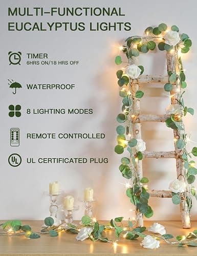 suddus Vines with Lights Plug in, 33ft 100 LED Eucalyptus Garland String Light Connectable with Remote, Leaf Lights for Bedroom, Room, Wall, Garden, Party, Wedding Decor (Warm White) thumbnail 2