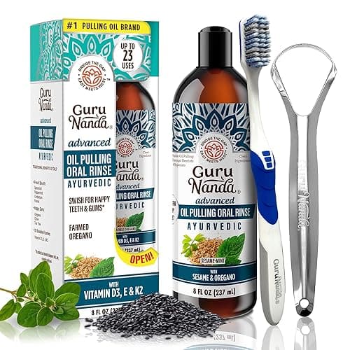 GuruNanda Advanced Oil Pulling with Tongue Scraper - Natural Alcohol-Free Mouthwash with Coconut Oil, Vitamins D & E for Healthy Teeth & Gums(8 Fl Oz) - Image 1