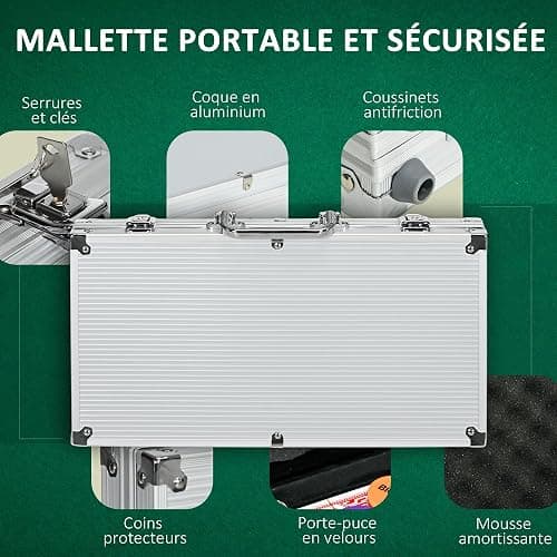 SPORTNOW Mallette de Poker Coffret de Poker Complet, verrouillable, avec 300 jetons 5 dés 2 Jeux de Cartes 3 Boutons 1 Tapis en Feutre + 2 clés Aluminium thumbnail 6