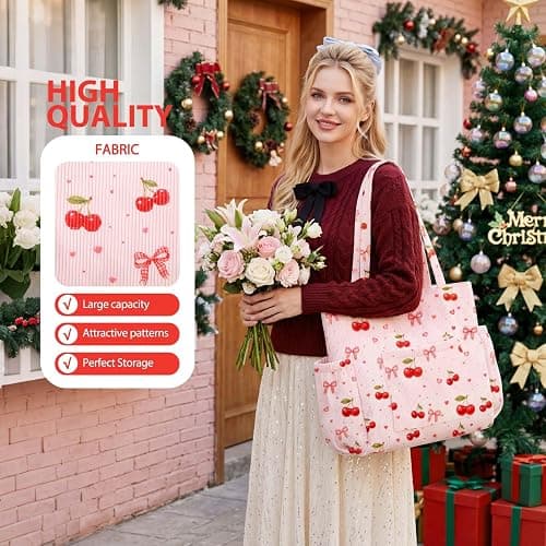 Corduroy Tote Bag for Women,Large Capacity Cute Tote Bags With 6 Pockets,Crossbody Shoulder Handbag for Work Travel Gym thumbnail 6