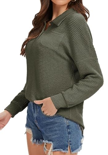 Balivsa Womens Tops Waffle Knit V-Neck Long Sleeve T-shirts Button Down with Pockets Tunic Fashion Clothing thumbnail 6