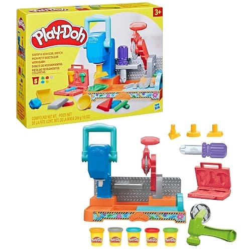 Play-Doh Werkbank Spielset, 5 x 56 g Dosen Modelliermasse in bunten Farben, mit Kreissäge-Spielzeug, Werkzeug und Stempel, kreatives für Kinder ab 3 Jahren - Werkzeugbank thumbnail 14