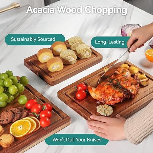 Acacia Wood Cutting Board，Solid Wood Cutting Board for Kitchen with Holder with Deep Juice Grooves & Built-in Handles, Durable Wooden Chopping Board Set of 3 for Meat, Vegetables and Fruits thumbnail 3