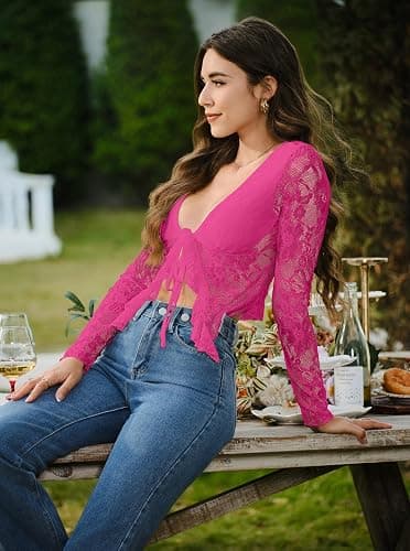 AGECODE Women's Sexy Open Front Tie Long Sleeve Ruffle Trim Sheer Mesh Lace Crop Tops Blouses thumbnail 4