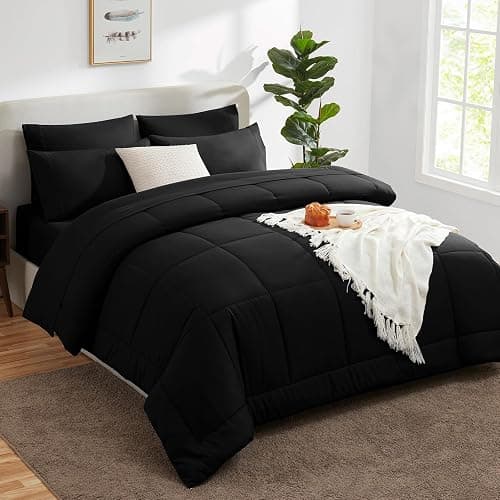 CozyLux King Size Comforter Set Black, 7 Pieces Bed in a Bag, Black Comforter King Size, All Season Bedding Sets with Stitch Quilted Comforter, Flat Sheet, Fitted Sheet, Pillowcases thumbnail 7