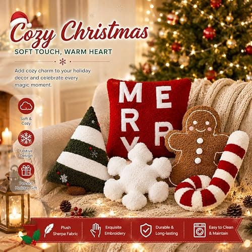 Geelin 5 Pcs Christmas Throw Pillows Gingerbread Christmas Tree Pillows Snowflake Candy Canes Shape Pillows Stuffed Plush Merry Christmas Decorations for Bed Home Sofa Couch Party thumbnail 3
