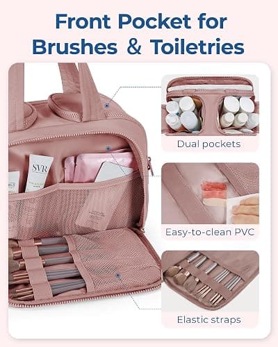 BAGSMART Travel Toiletry Bag, Lightweight Large Wide-open Travel Bag for Women, Puffy Cosmetic Makeup Bag Organizer with Handle for Accessories,Essentials, Toiletries, Dark Pink thumbnail 5