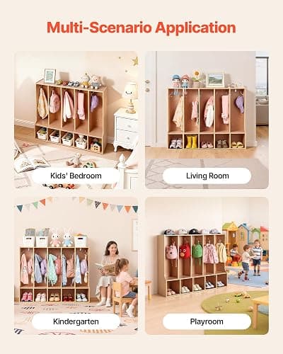 VEVOR 5-Section Coat Locker with Bench, Kids Lockers with 10 Hooks & Non-Slip Mat, Classroom Cubbies for Daycare, Home, Kindergarten- Natural thumbnail 7