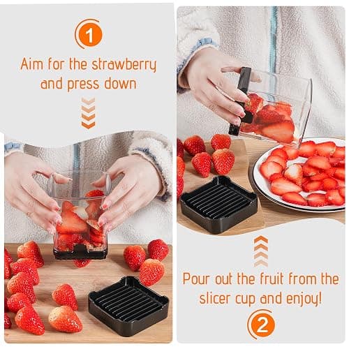 GENGCANG Fruit Slicer Cup for Strawberry, Banana, Hard-Boiled Egg - Detachable Cutter with Push Plate - 304 Stainless Steel Blade - Rapid & Safe Slicing Kitchen Gadget for Quick Meal Prep (Black) thumbnail 6