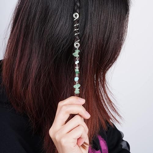 40Pcs Natural Colored Crystal Stone Hair Accessories, hoyuwak Metal Hair Charms, Silver Loc Dreadlock Spirals, Cuffs & Rings for Women's Hairstyles thumbnail 4