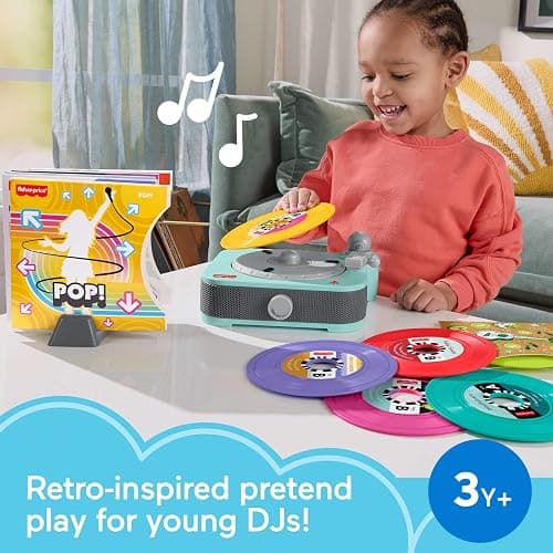 Fisher-Price Musical Toy Deluxe Rockin’ Record Player Pretend Turntable with 6 Albums for Preschool Play Plus Bonus Exclusive Holiday Album Kids Ages 3+ Years (Amazon Exclusive) thumbnail 2
