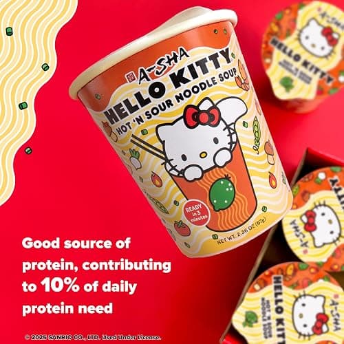 Hello Kitty Instant Ramen Noodle Cup | 6 Pack | Hot and Sour Flavor | Premium Microwaveable Ramen Soup Mix, Asian Snacks - Image 1