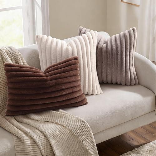 Simmore Faux Fur Couch Throw Pillow Covers 18x18 Set of 2, Decorative Soft Striped Plush Pillow Covers with Velvet Back for Sofa Bed Living Room, Chocolate thumbnail 4