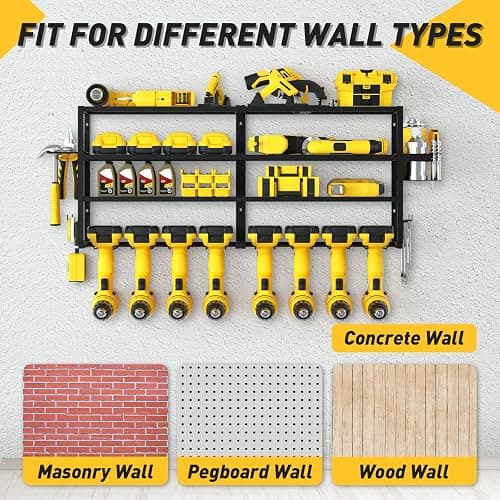 Large Power Tool Organizer Wall Mount for Fathers Dad, 4 Layers Heavy Duty Metal Garage Organization Loads 360lbs with 8 Cordless Drill Holder,Power Tool Shelf for Garage Workshop, UtilityRacks thumbnail 5