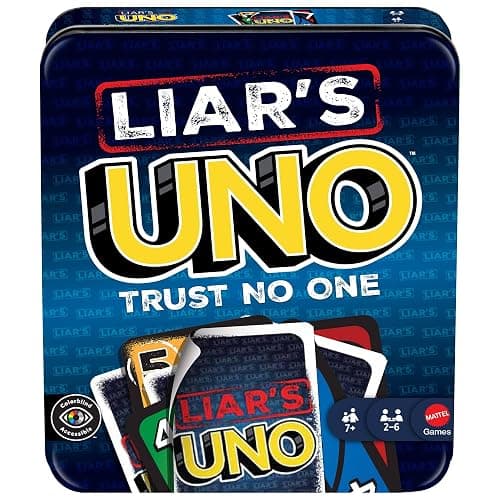 Mattel Games Liar’s UNO Card Game in Travel & Storage Tin for Adults, Kids, Families, Parties & Game Nights, Outwit Other Players with Bluffing & Trickery (Amazon Exclusive) - Image 1