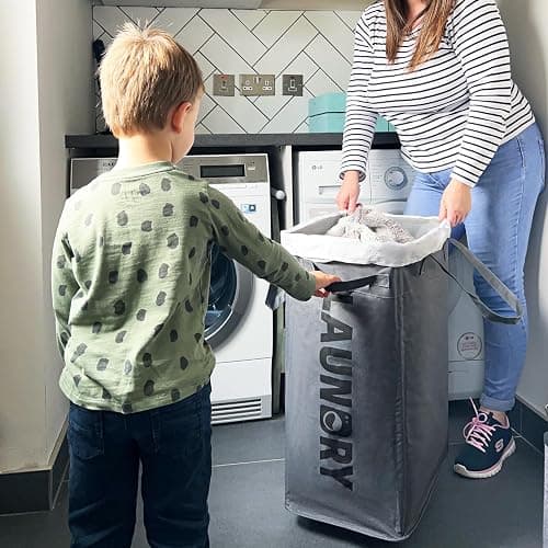 Goodpick 75L Laundry Basket with Wheels & Removable Wash Bag, Large Rolling Laundry Hamper for Clothes, Dorm Room Essentials, Grey thumbnail 2