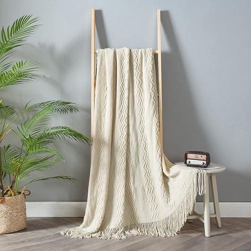 MIULEE Knitted Beige Throw Blanket Soft Sofa Knit Blanket for Couch 50 x 60 Inches, Solid Cozy Lightweight Wave Pattern Decorative Blankets with Tassels for Women, Kids thumbnail 6