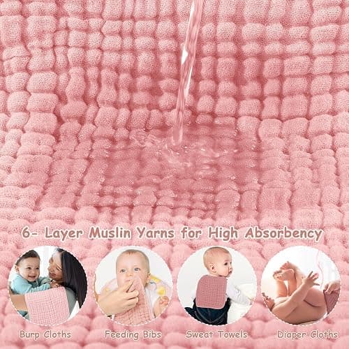 Looxii Muslin Burp Cloths Baby Girl 6 Pack - 20" x 10" - Ultra Soft & Absorbent, 6-Layer 100% Cotton for Spit Up & Drool- Gentle Baby Burping Cloth, Newborn Essentials Shower Gift Girl, Gradient Pink thumbnail 6