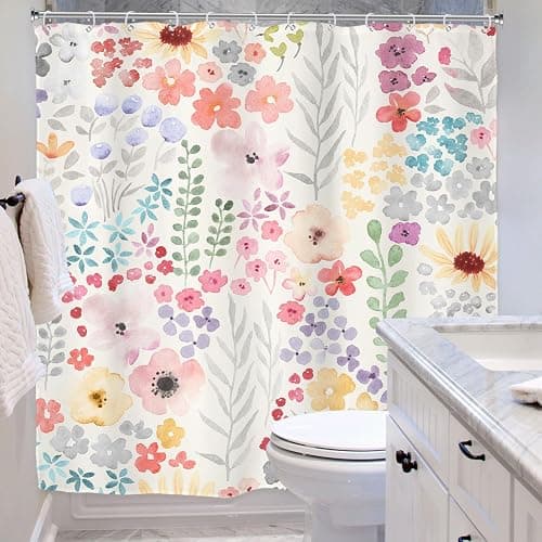 Riyidecor Colorful Cute Floral Shower Curtain for Bathroom Decor 60Wx72H Watercolor Flower Plants Botanical Kids Funny Multicolor Art Printed Fabric Polyester Waterproof 12 Pack Plastic Hook thumbnail 5