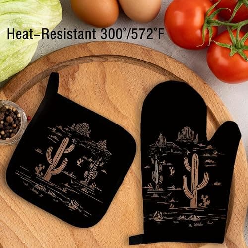 Qeheb Western Desert Black Oven Mitts and Pot Holders Set, Cactus Kitchen Decor, Southwest Western Over Mittens for Kitchen thumbnail 2