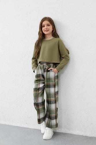 Gaupafmb Girls Clothes Solid Long Sleeve Tops Plaid Wide Leg Pants with Pockets Girls Outfits Size 6-14 - 7-8 Years - Green thumbnail 2