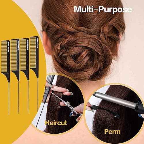 Goodofferplace 4PCS Hair Rat Tail Combs Carbon Parting Rattail Combs Teasing Fine Tooth Comb Metal Pick Detangling Combs Set for Women for Curly,Braiding,Styling Hair(Black) thumbnail 5